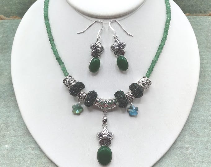 Green Agate Flower Charm Necklace and Earrings, 17-21 inch Adjustable Gem & Crystal Necklace with Matching Sterling Ear Wire Flower Earrings