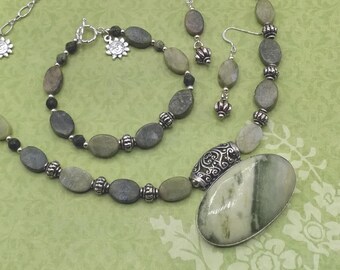 Lime Serpentine Solid Sterling Silver Jewelry Set: Necklace, Bracelet, Earrings