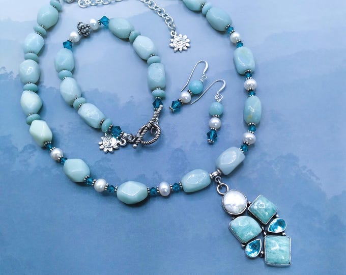 Aqua Amazonite, Pearl, Blue Topaz Solid Sterling Statement Pendant, 3 Pc  Set, Gem Beaded Adjustable  Necklace, Matching Bracelet, Earrings