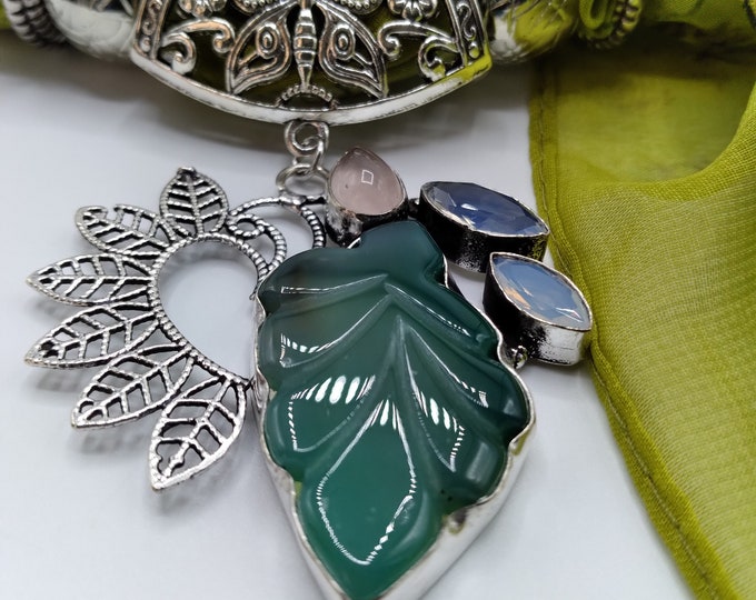 Carved Leaf Pendant, Aventurine, Opalite, Quartz Gem Scarf Slide Pendant Necklace, Includes Lime Green Flowers & Leaves Long Scarf, 4 Rings