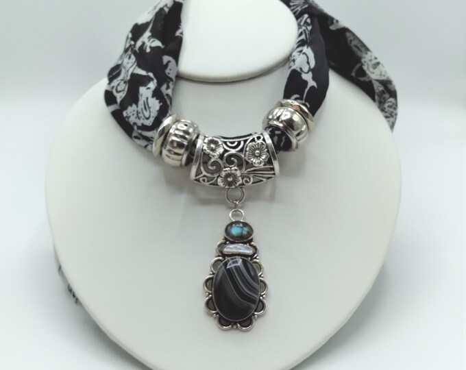 Black & White Agate, Labradorite, Pearl Genuine Gemstone Scarf Slide Pendant Necklace, Coordinating Set Also Includes Scarf and Scarf Rings
