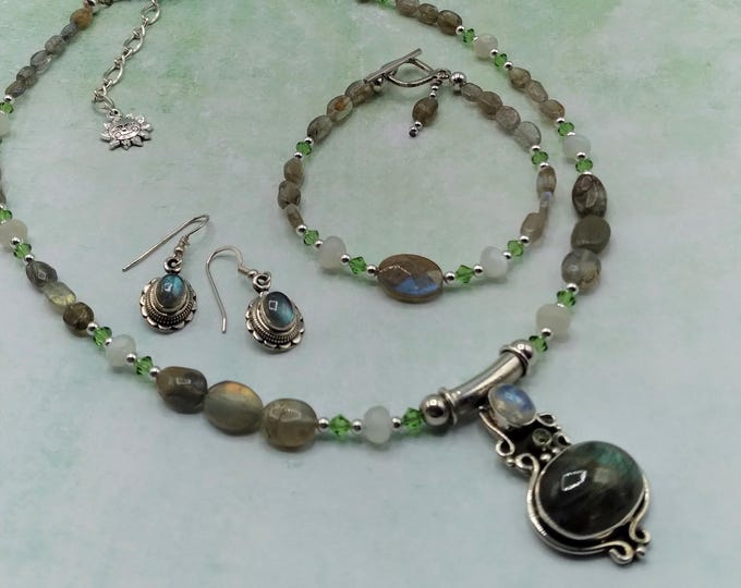Labradorite, Moonstone, Peridot, Solid Sterling Jewelry Set Includes Adjustable 18 inch Beaded Necklace, Toggle Bracelet, Sterling Earrings