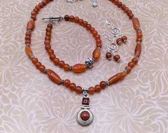 Solid Sterling Carnelian Jewelry Set of 3, Berry Red Beaded 16-20 inch Adjustable Necklace, Coordinating Toggle Bracelet, Sterling Earrings