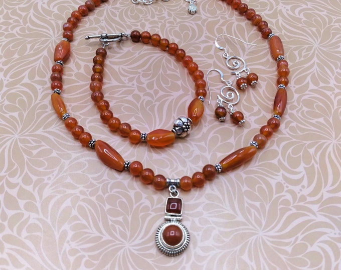 Solid Sterling Carnelian Jewelry Set of 3, Berry Red Beaded 16-20 inch Adjustable Necklace, Coordinating Toggle Bracelet, Sterling Earrings