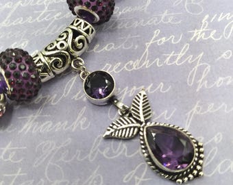 Amethyst Gemstone Slide Pendant Necklace: Silver and Crystal Slide Beads, Adjustable 18" Beaded Chain