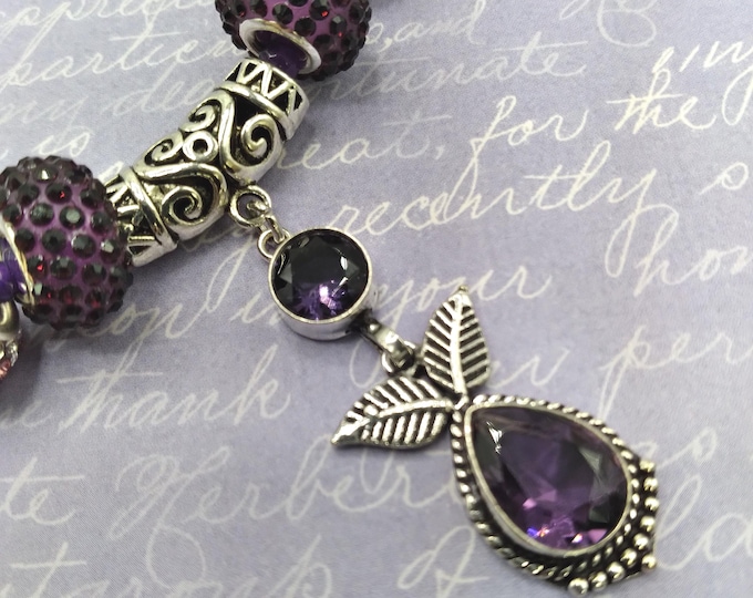 Amethyst Gemstone Slide Pendant Necklace: Silver and Crystal Slide Beads, Adjustable 18" Beaded Chain