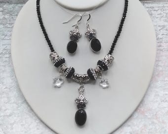 Black Agate Flower and Crystal Slider Necklace & Sterling Silver Earrings Set
