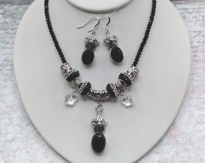 Black Agate Flower and Crystal Slider Necklace & Sterling Silver Earrings Set