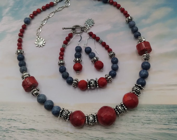 Solid Sterling Genuine Red and Blue Coral Necklace, Bracelet & Earrings Set Includes Adjustable Necklace, Toggle Bracelet, Pierced Earrings