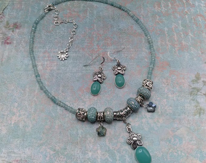 Aquamarine Flower Charm Necklace and Earrings, 17-21 inch Adjustable Gem & Crystal Necklace with Matching Sterling Ear Wire Flower Earrings