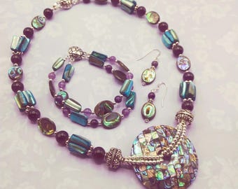 Amethyst, Teal Abalone, Solid Sterling Genuine Gem Beaded Necklace, Matching Bracelet & Earrings 3 Piece Jewelry Set Magnetic Clasps, Signed