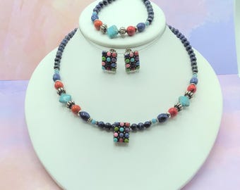 Lapis Lazuli Turquoise Coral Necklace Bracelet Earrings Set: Solid Sterling Silver Gemstone Jewelry