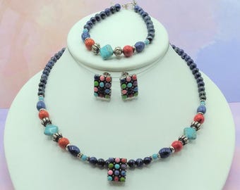 Lapis Lazuli, Turquoise, Coral, Solid Sterling 17” Adjustable Beaded Gem Pendant Necklace, with Toggle Bracelet & Matching Gemstone Earrings