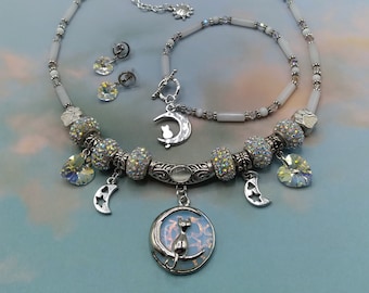 Cat Celestial Theme White Jade & Opalite Jewelry, Set of 3, Genuine Gem Adjustable Charm Necklace, Bracelet, Post Earrings, Sterling, Signed