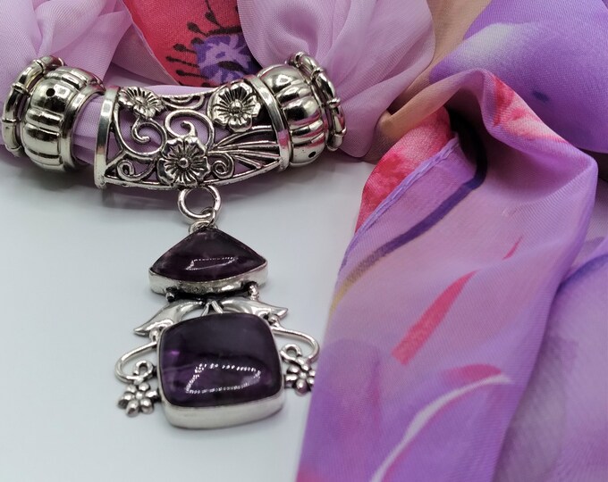 Purple Fluorite Genuine Gem Scarf Slide Pendant Necklace with Coordinating Purple with Berry Flowers Long Scarf, 4 Scarf Rings, 6 Pc. Set