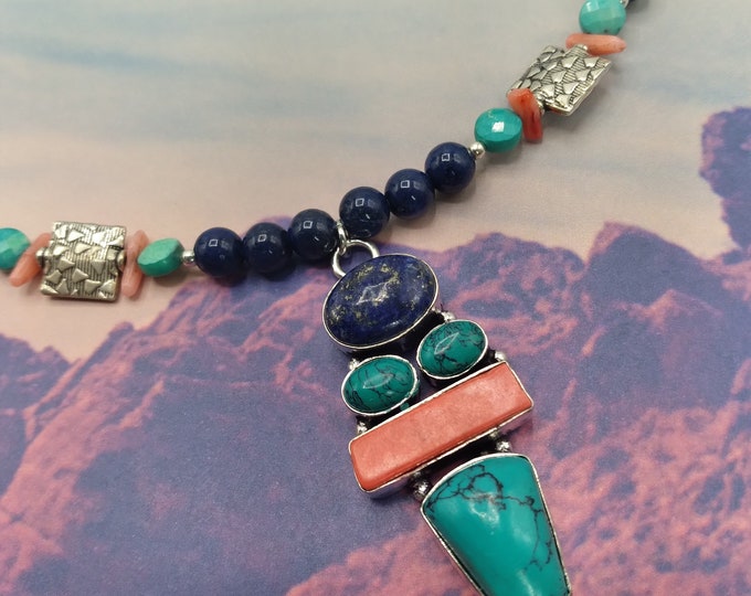 Turquoise, Lapis Lazuli, Coral Beaded Southwestern Adjustable Genuine Gem Necklace, Coordinating Bracelet Sterling Earrings, 3 pc. Set