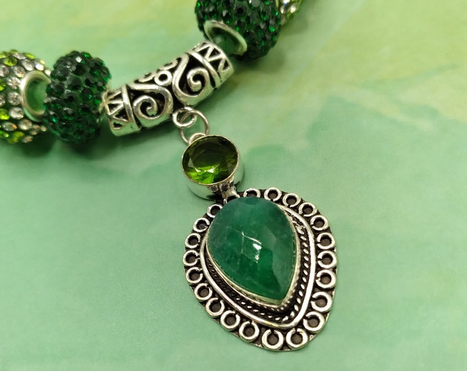 Emerald and Peridot Silver Genuine Gem Slide Pendant, 18" Faceted Emerald Beaded Extender Necklace, 8 Crystal & Silver Beads, 10 Piece Set