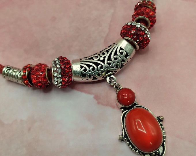 Red Coral Gemstone Slider Pendant Necklace: Silver Crystal Slide Beads, Beaded Necklace