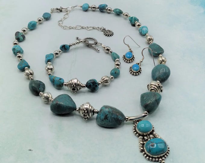 Turquoise and Solid Sterling Silver 3 piece Beaded Jewelry Set, Genuine Gems, Necklace, Coordinating Bracelet and Earrings, Signed Original
