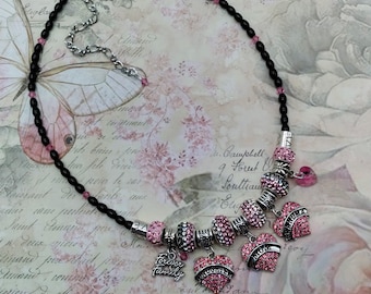 Mom Daughter Grandma Heart Charm Genuine Gem Necklace, 3 Generation , 18-21 inch Onyx and Crystal Necklace, 10 Additional Charms