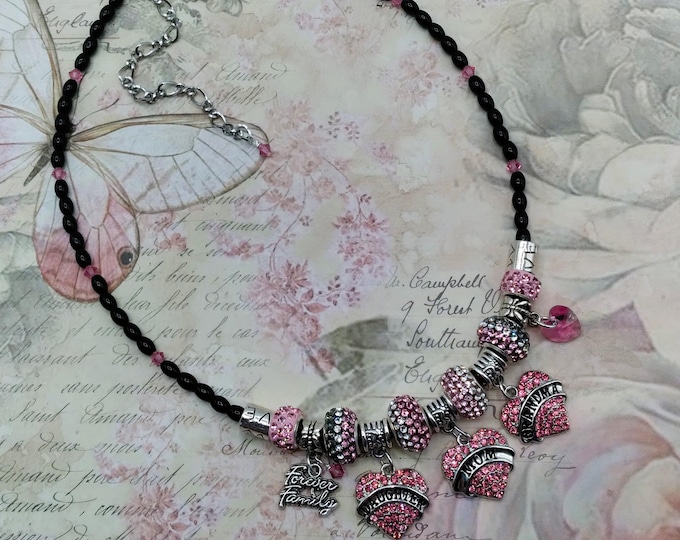 Mom Daughter Grandma Heart Charm Genuine Gem Necklace, 3 Generation , 18-21 inch Onyx and Crystal Necklace, 10 Additional Charms