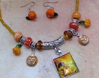 Pumpkin Harvest Necklace & Earrings: Enameled Charms, Yellow Jade