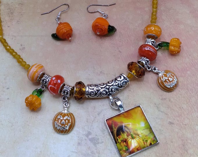 Pumpkin Harvest Necklace & Earrings: Enameled Charms, Yellow Jade