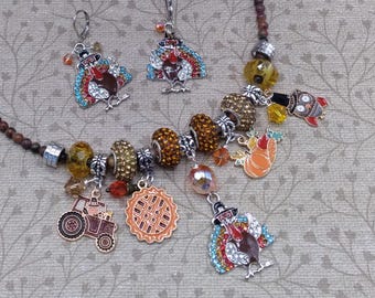 Thanksgiving Charm Necklace and Earrings, 18 inch adjustable beaded gemstone necklace