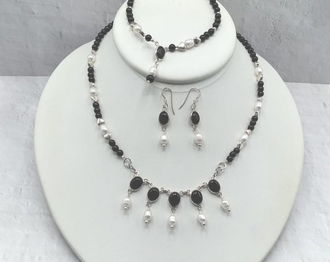 Black Onyx, White Pearls, Solid Sterling Genuine Gem Jewelry Set, Adjustable Beaded Necklace, Charm Bracelet, Matching Earrings, Signed