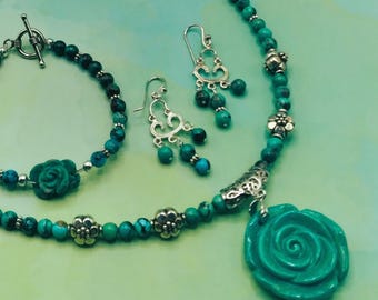 Hand Carved Genuine Turquoise Rose Jewelry Set: Solid Sterling Silver Necklace, Bracelet & Earrings
