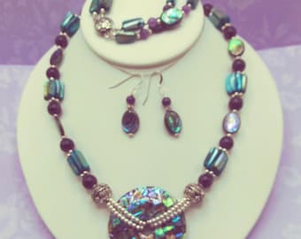 Amethyst, Teal Abalone, Solid Sterling Genuine Gem Beaded Necklace, Matching Bracelet & Earrings 3 Piece Jewelry Set Magnetic Clasps, Signed