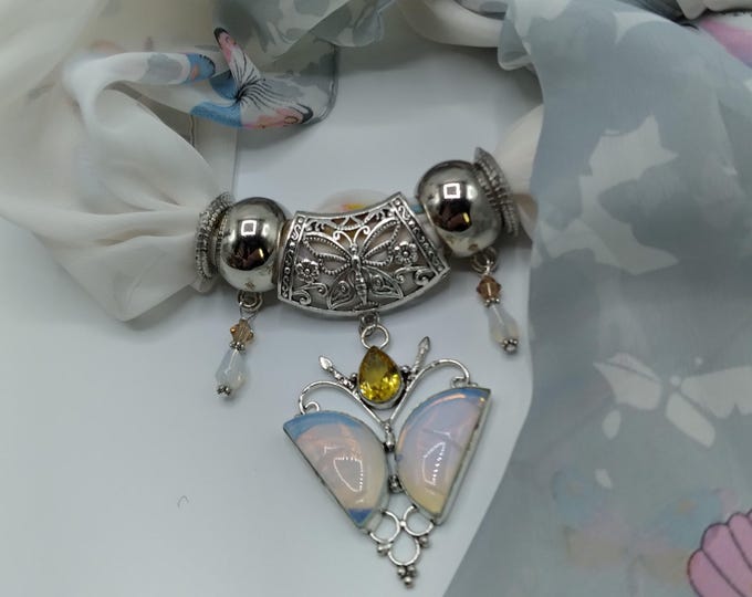 Opalite & Citrine Carved Butterfly Gem Scarf Pendant Necklace, 6 Piece Set Includes Coordinating Gray Butterfly Long Scarf and 4 Scarf Rings