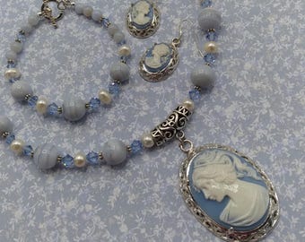 Cameo 3 piece Beaded Gemstone Jewelry Set of Blue Lace Agate, Pearl, Crystal, Adjustable Necklace, Coordinating Bracelet, Cameo Earrings