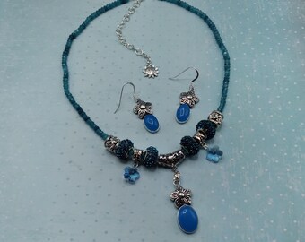 Blue Howlite Flower Charm Necklace and Earrings,17-21 inch Adjustable Gem & Crystal Necklace with Matching Sterling Ear Wire Flower Earrings
