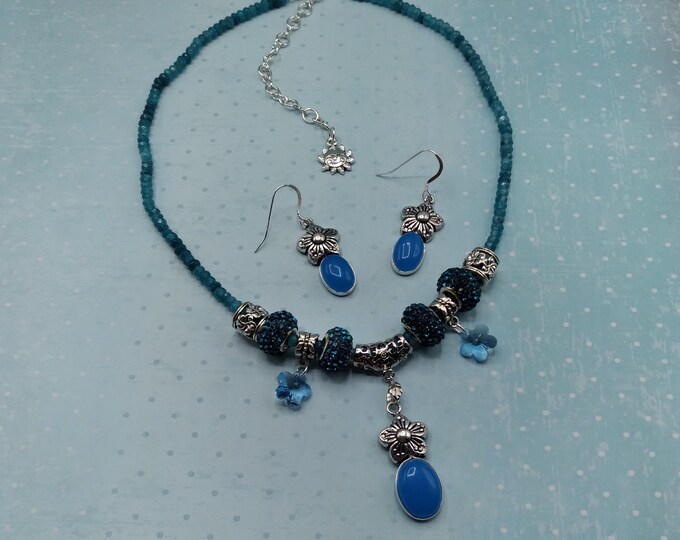Blue Howlite Flower Charm Necklace and Earrings,17-21 inch Adjustable Gem & Crystal Necklace with Matching Sterling Ear Wire Flower Earrings