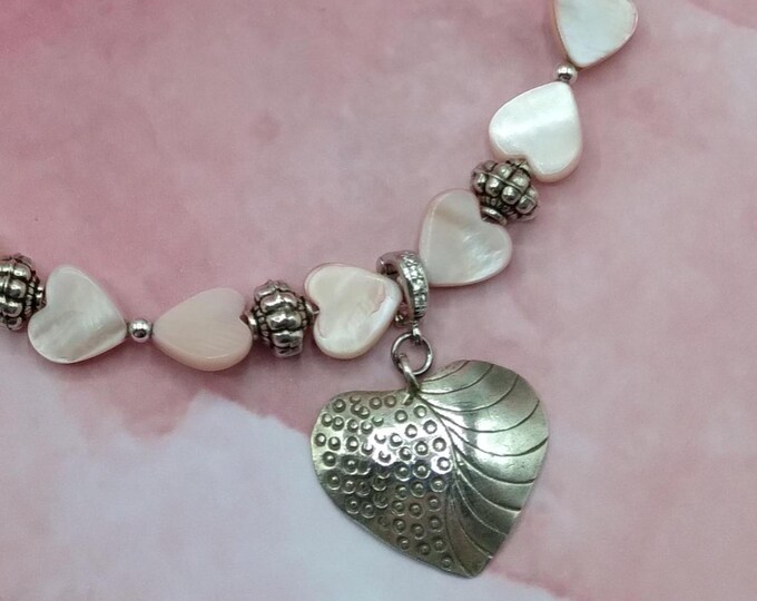 Mother of Pearl Heart Genuine Gem Jewelry Set: Solid Sterling Silver Necklace, Bracelet & Earrings