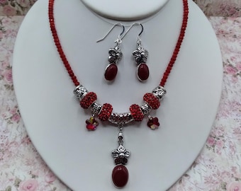 Red Agate lower Charm Necklace and Earrings, 17-21 inch Adjustable Gem & Crystal Necklace with Matching Sterling Ear Wire Flower Earrings