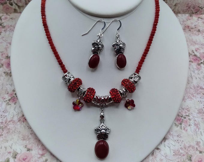 Red Agate lower Charm Necklace and Earrings, 17-21 inch Adjustable Gem & Crystal Necklace with Matching Sterling Ear Wire Flower Earrings