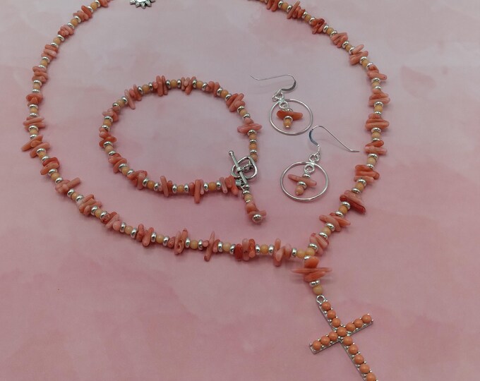 Angelskin Salmon Coral Sterling Jewelry, 3 Piece Set, Cross Pendant, Beaded Gem Coral Toggle Necklace, Gem Toggle Bracelet, Pierced Earrings