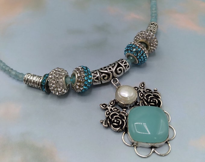 Aqua Chalcedony, Pearl, Silver Slide Gem Pendant, Set Includes 18' Faceted Chalcedony Beaded Adjustable Necklace & Pave Crystal Slide Beads
