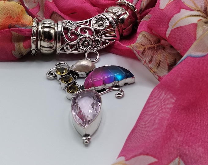 Pink and Blue Topaz Butterfly Wing, Citrine, Gem Scarf Slide Pendant Necklace, 6 Piece Set with Berry Pink Floral Long Scarf, 4 Scarf Rings