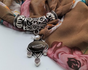 Ocean Agate Scarf Pendant Necklace Set: Pearl, Rose Quartz, Floral Scarf & Rings