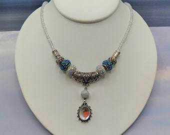Opalite, Moonstone, Silver Slide Gem Pendant, 10 Piece Set Includes 18" Opalite Beaded Necklace and 8 Pave Crystal Fancy Silver Slider Beads