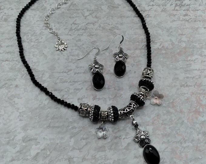 Black Agate Flower Charm Necklace and Earrings, 17-21 inch Adjustable Gem & Crystal Necklace with Matching Sterling Ear Wire Flower Earrings