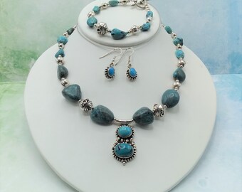 Turquoise Solid Sterling Silver Jewelry Set: Beaded Necklace, Bracelet & Earrings