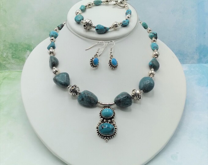 Turquoise and Solid Sterling Silver 3 piece Beaded Jewelry Set, Genuine Gems, Necklace, Coordinating Bracelet and Earrings, Signed Original