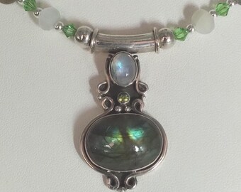 Labradorite Peridot Moonstone Jewelry Set: Solid Sterling Silver Necklace, Bracelet, Earrings