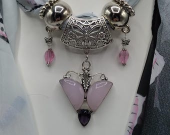 Butterfly Scarf Slide Pendant Necklace Set: Pink Quartz, Amethyst Accent, 6-Piece