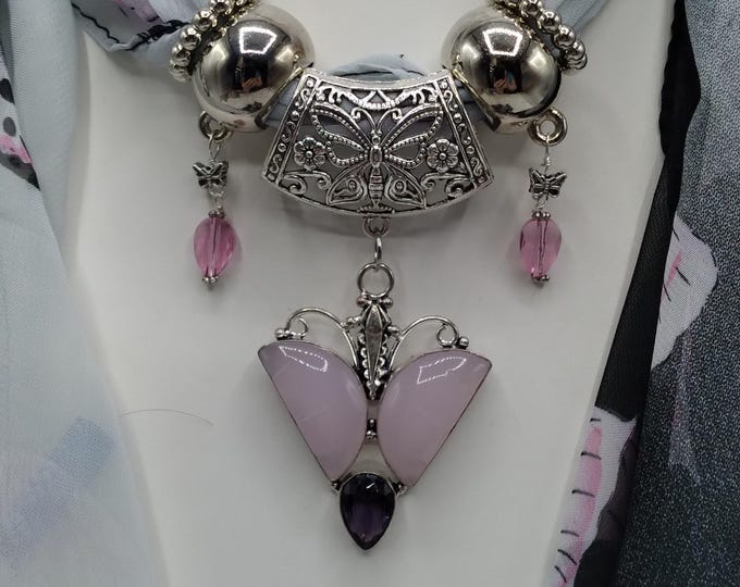 Butterfly Scarf Slide Pendant Necklace Set: Pink Quartz, Amethyst Accent, 6-Piece