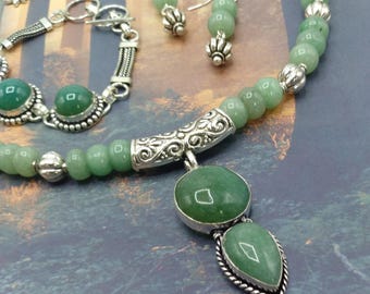 Solid Sterling Aventurine Leaf Green Statement Gem Pendant, Jewelry Set of 18-21 inch Adjustable Beaded Necklace, Bracelet, Pierced Earrings